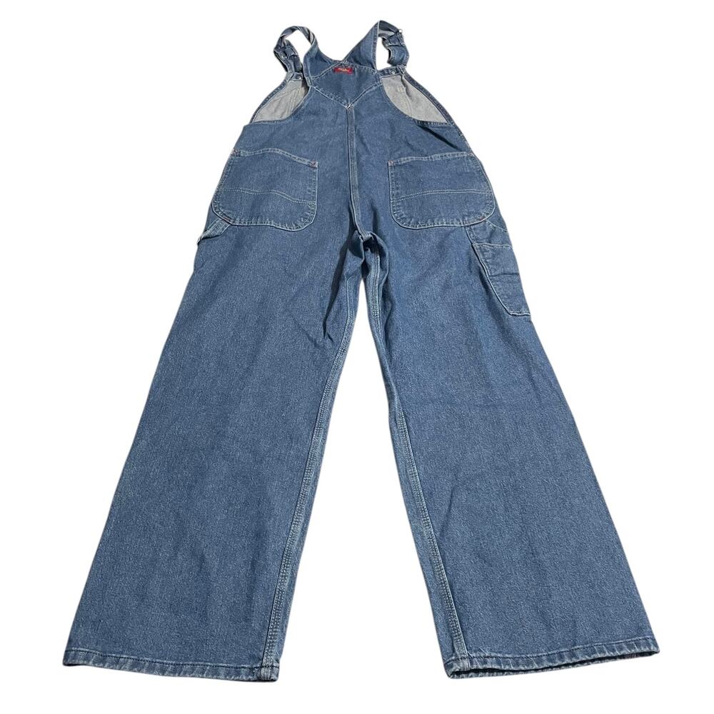 Dickies Mens Size 32 Carpenter Blue Denim Triple Stitch Bib Overalls Side Button - Picture 2 of 10